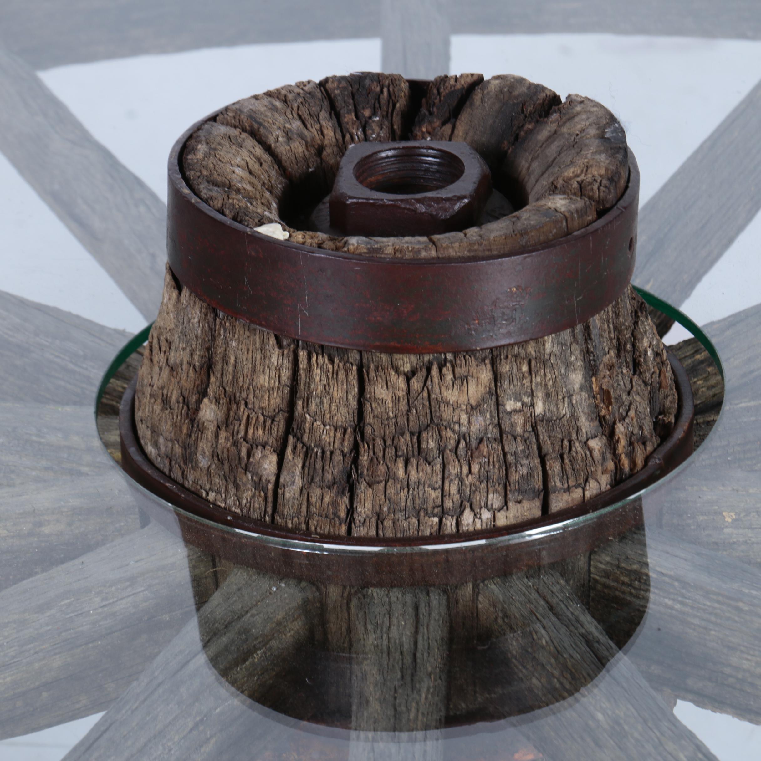 Custom-Made Coffee Table with Glass Top and Antique Iron and Wood Wagon Wheel