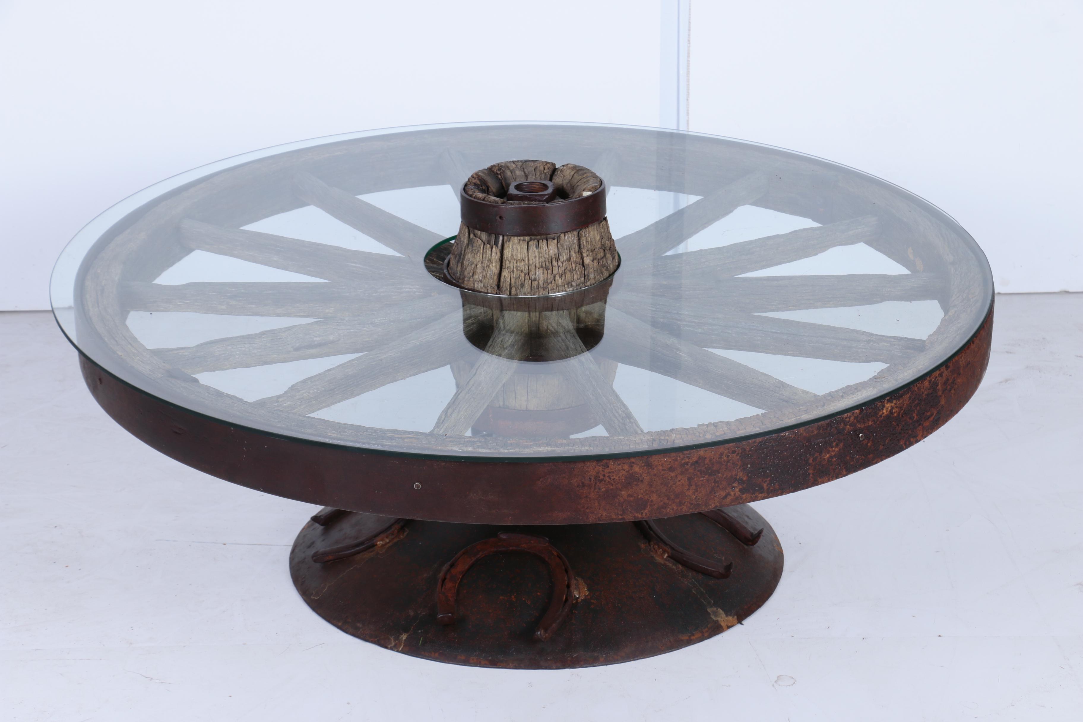 Custom-Made Coffee Table with Glass Top and Antique Iron and Wood Wagon Wheel