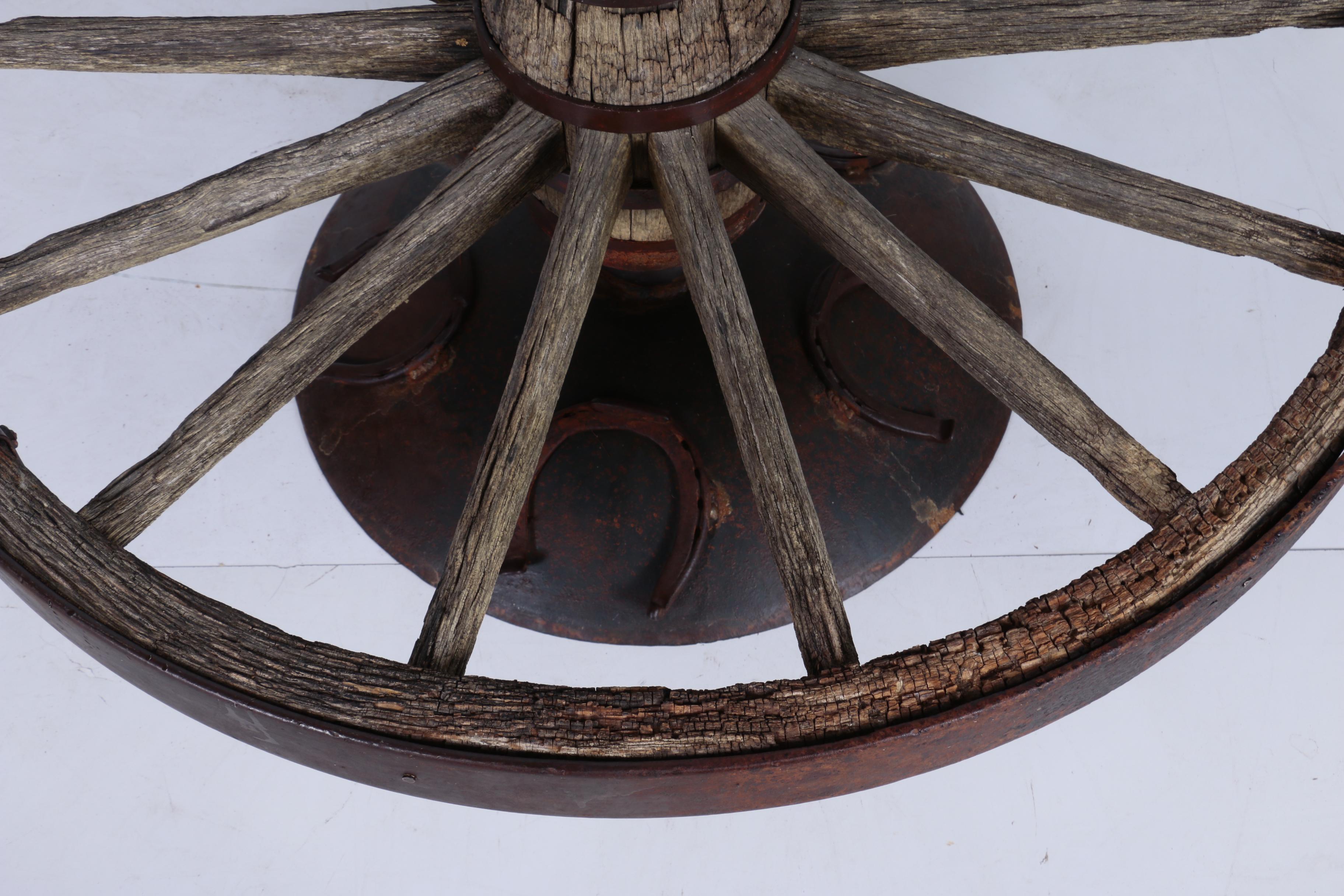 Custom-Made Coffee Table with Glass Top and Antique Iron and Wood Wagon Wheel