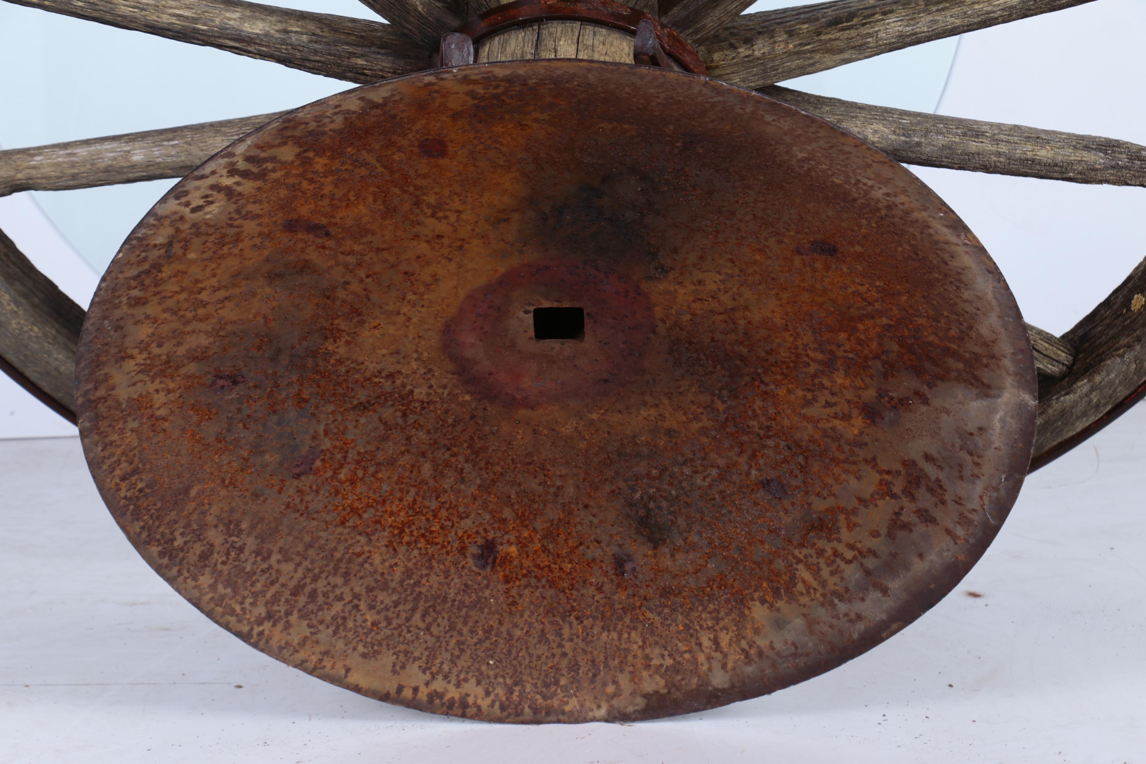 Custom-Made Coffee Table with Glass Top and Antique Iron and Wood Wagon Wheel