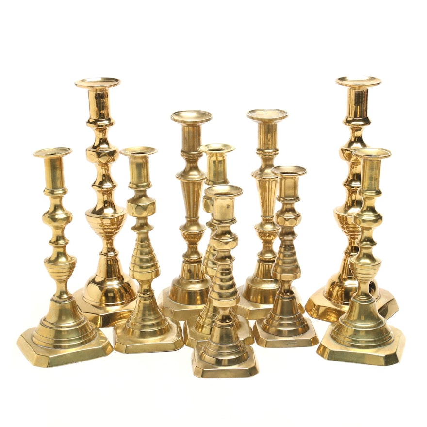 Large Collection of Victorian "Beehive" Cast Brass Push Up Candlesticks