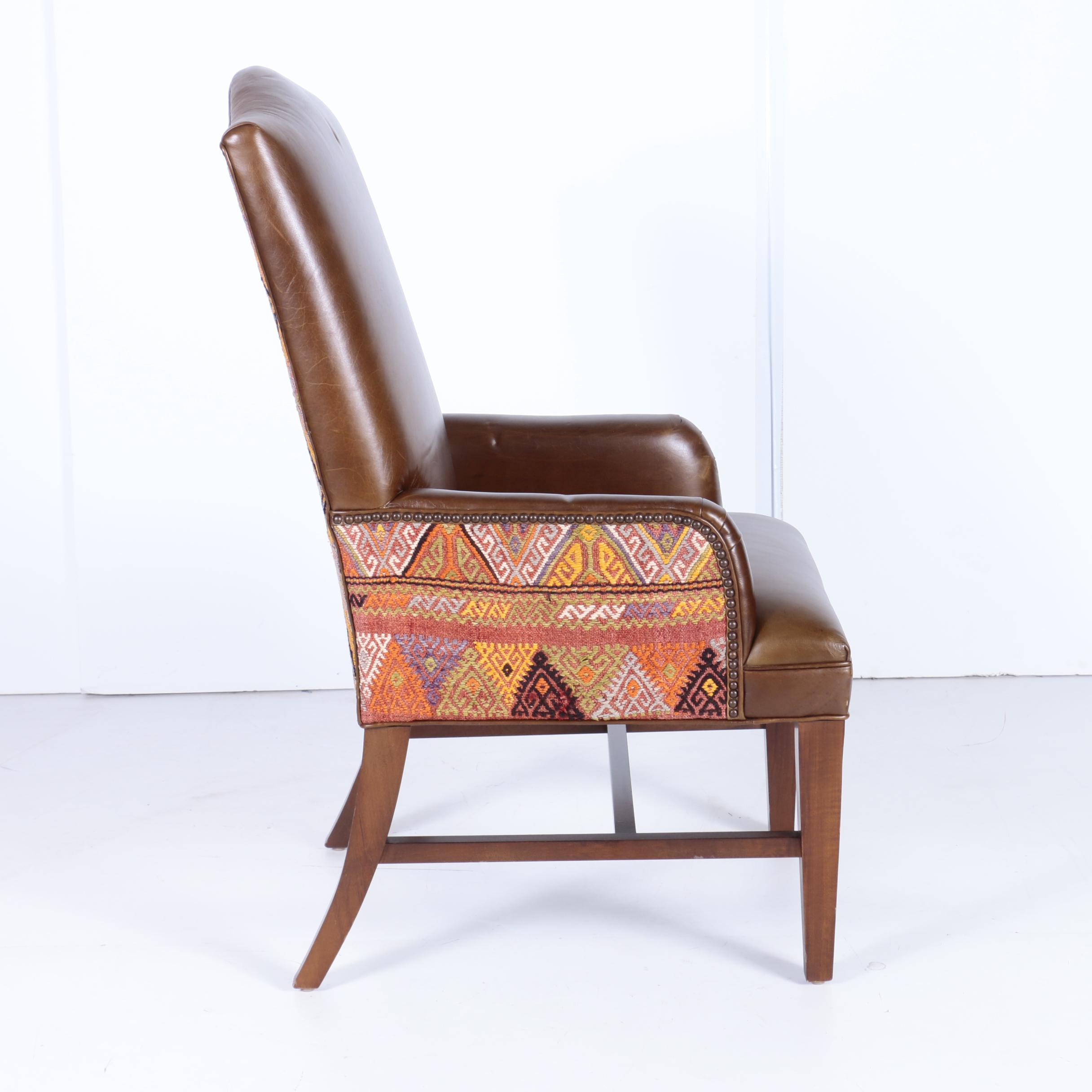 Three Leather and Kilim Upholstered Dining Chairs