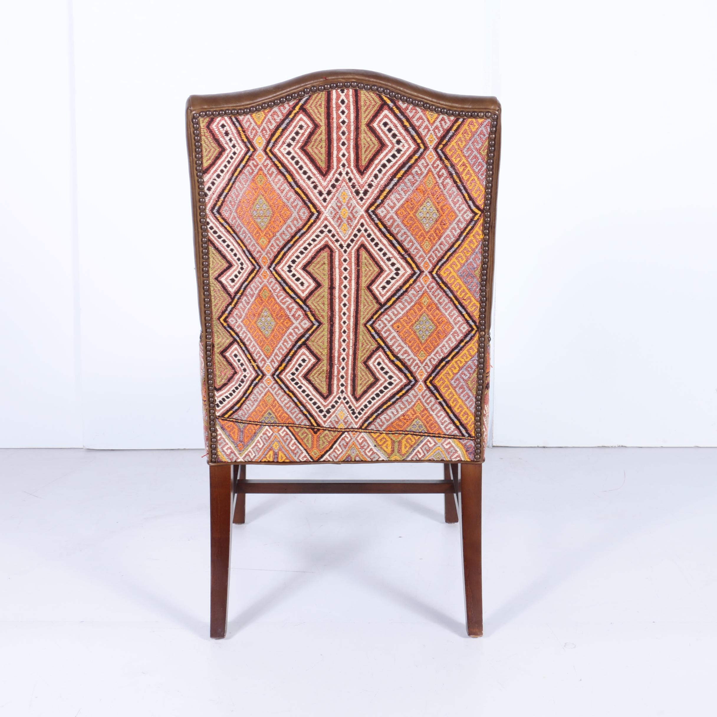 Three Leather and Kilim Upholstered Dining Chairs