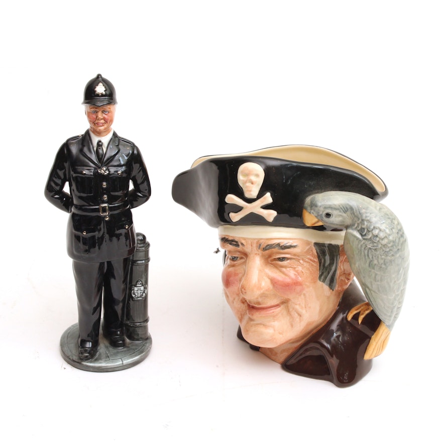 Royal Doulton "The Bobby" Bone China Figurine & "Long John Silver" Character Jug