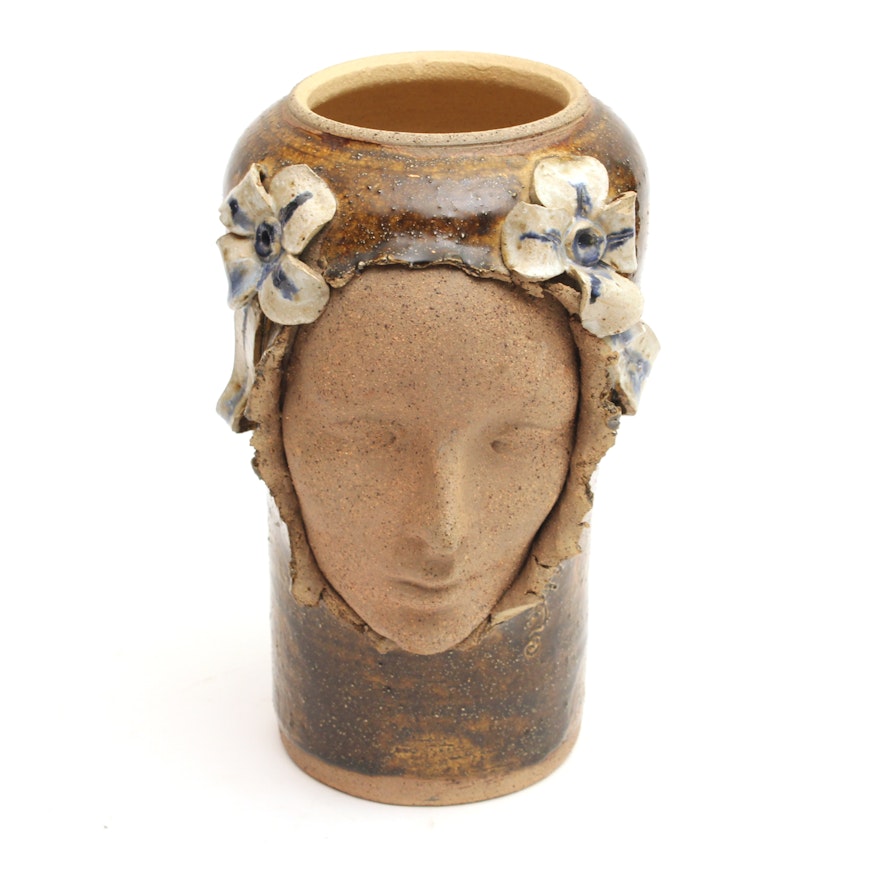 Thrown and Sculpted Stoneware "Face" Vase