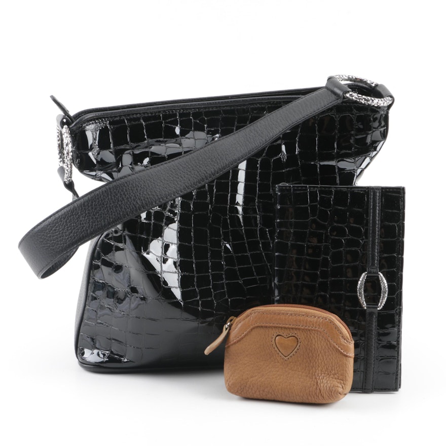 Brighton Black Reptile Embossed Patent Leather Hobo Bag with Coordinating Wallet