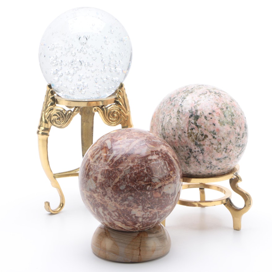 Decorative Orbs on Stands Featuring Marble and Rhodonite