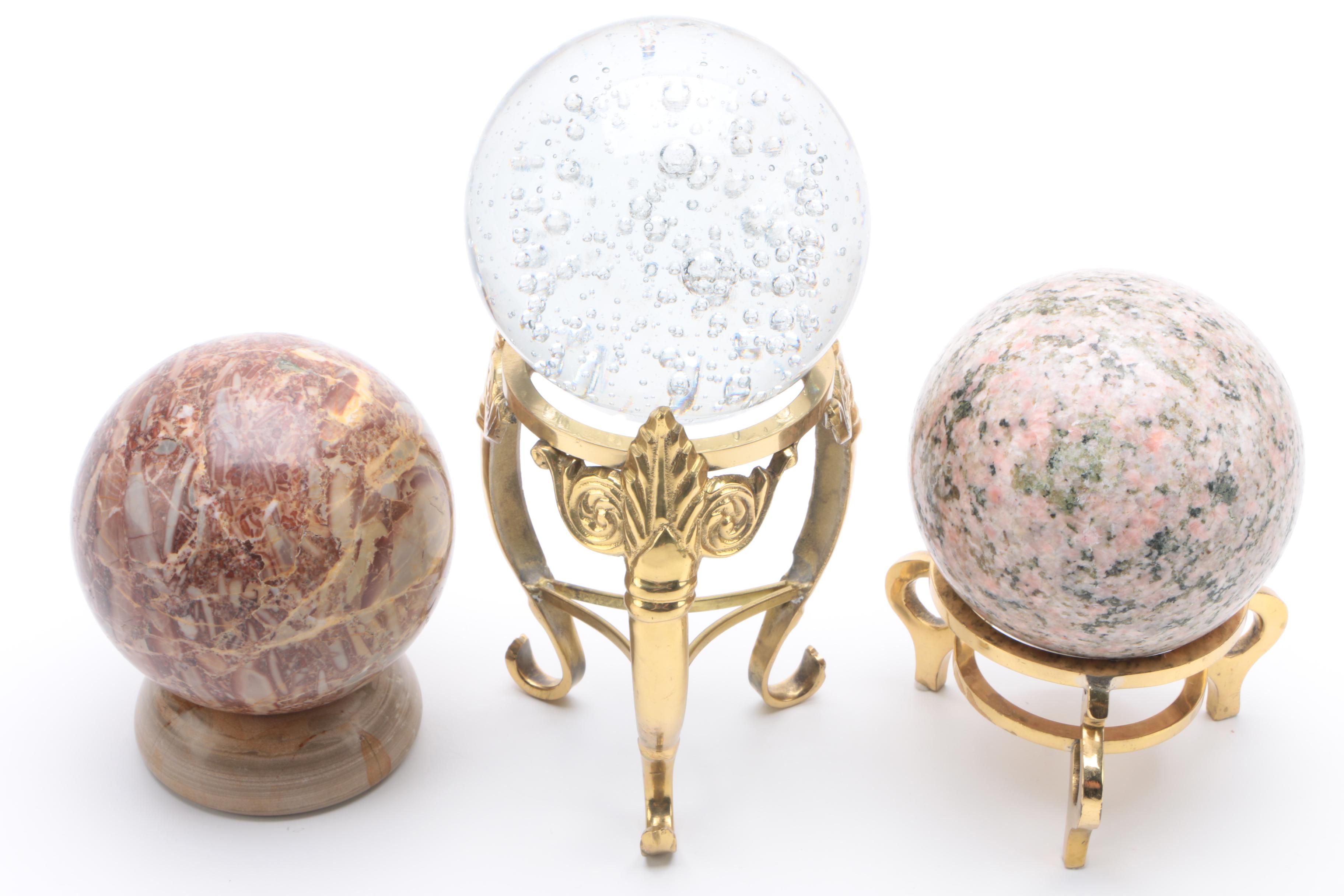 Decorative Orbs on Stands Featuring Marble and Rhodonite