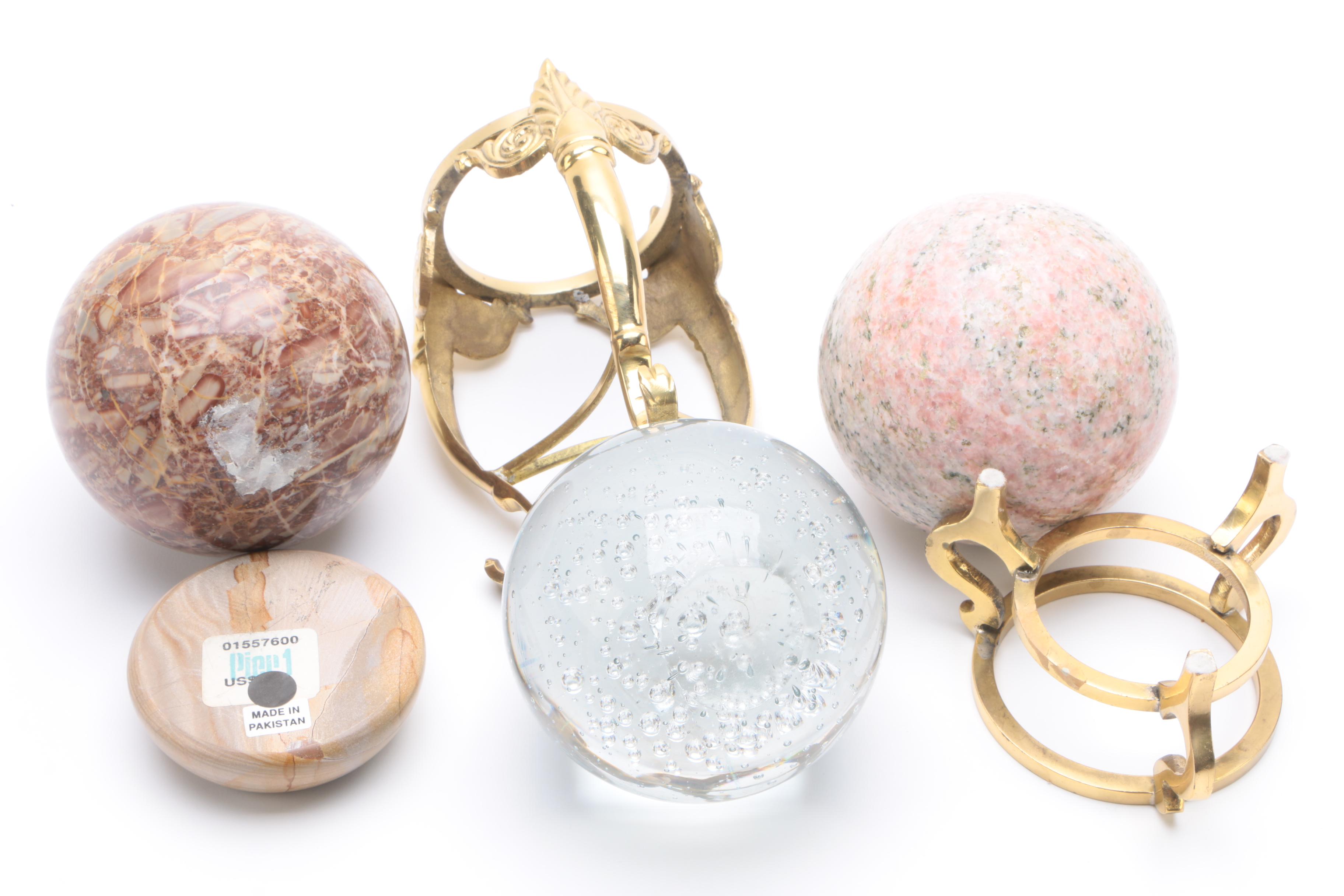 Decorative Orbs on Stands Featuring Marble and Rhodonite
