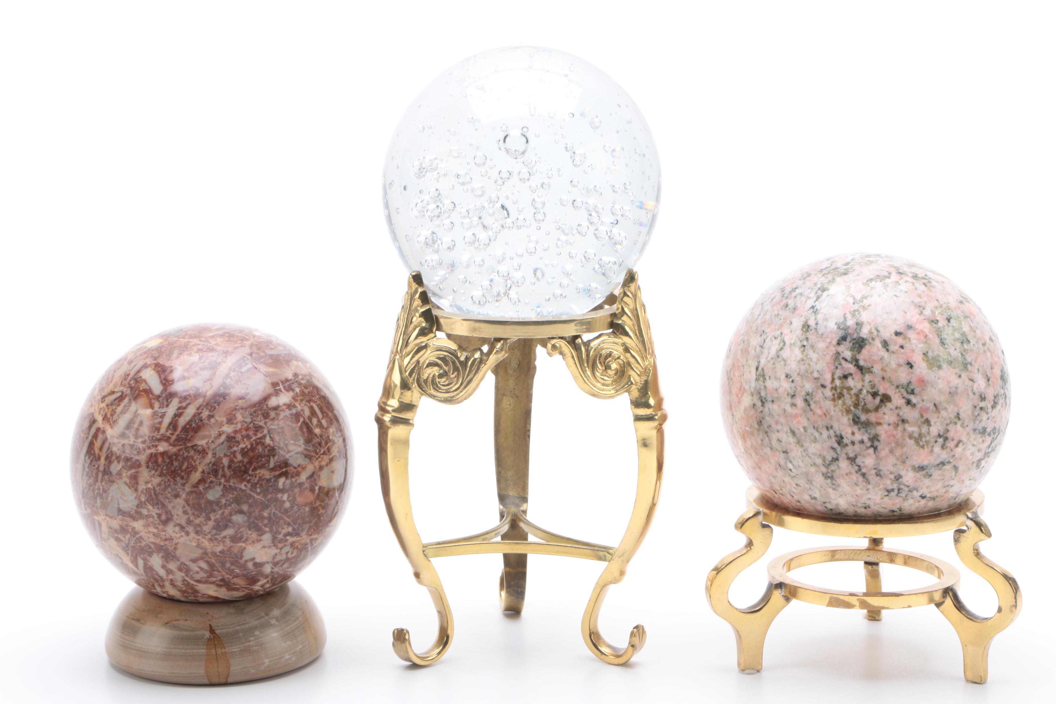 Decorative Orbs on Stands Featuring Marble and Rhodonite