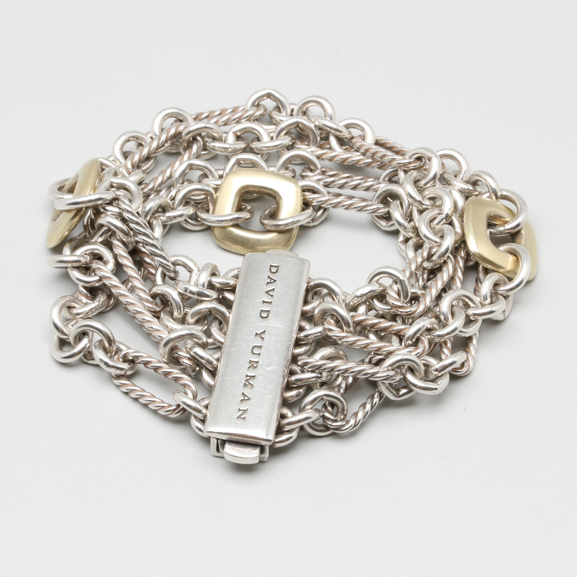 David Yurman Sterling Silver Multi-Strand Chain Bracelet with 18K Gold Accents