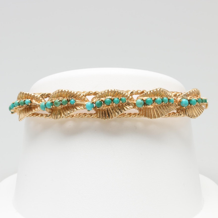 Vintage 14K Yellow Gold Turquoise Hinged Bracelet