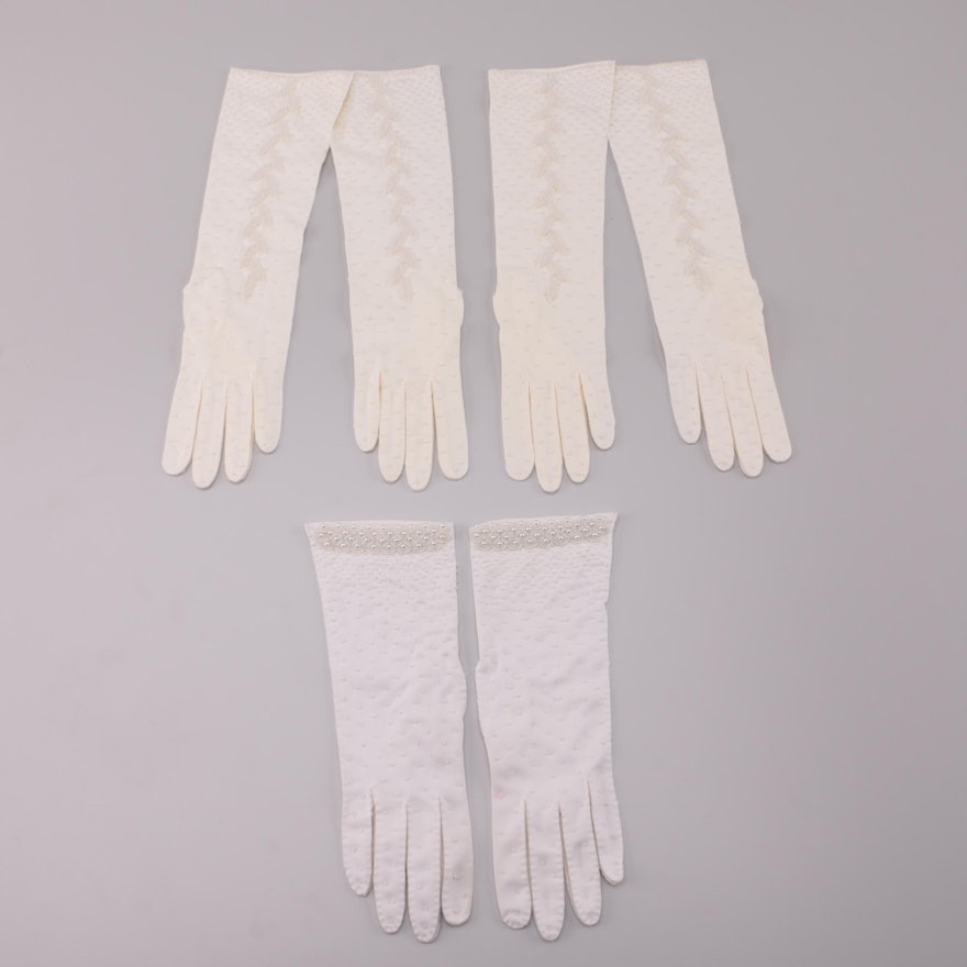 Beaded White and Off-White Evening Gloves