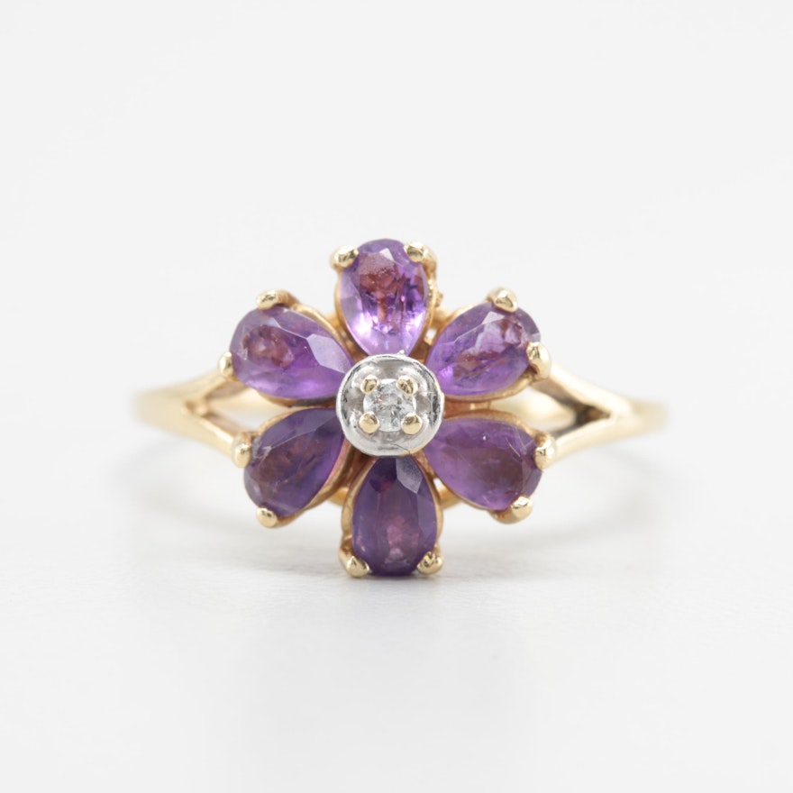 14K Yellow Gold Diamond and Amethyst Ring