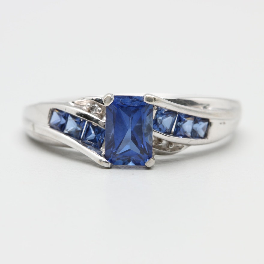 10K White Gold Synthetic Blue Sapphire and Diamond Ring