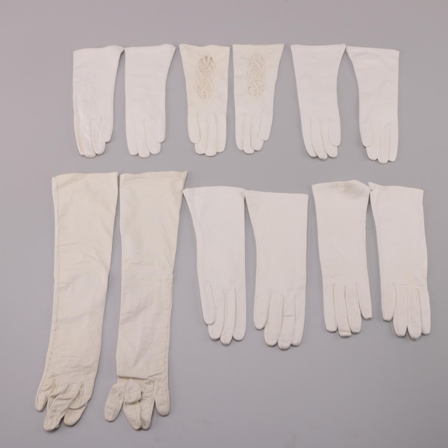 White Leather Evening Gloves Featuring Crochet Accented and Opera Gloves