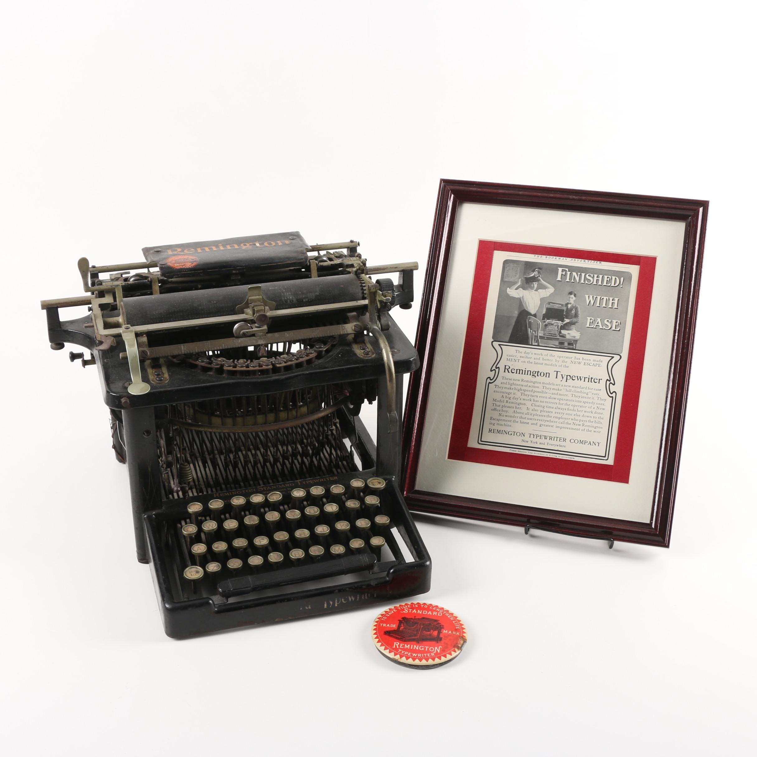 Vintage Remington Standard Typewriter, Button and Framed Advertisement