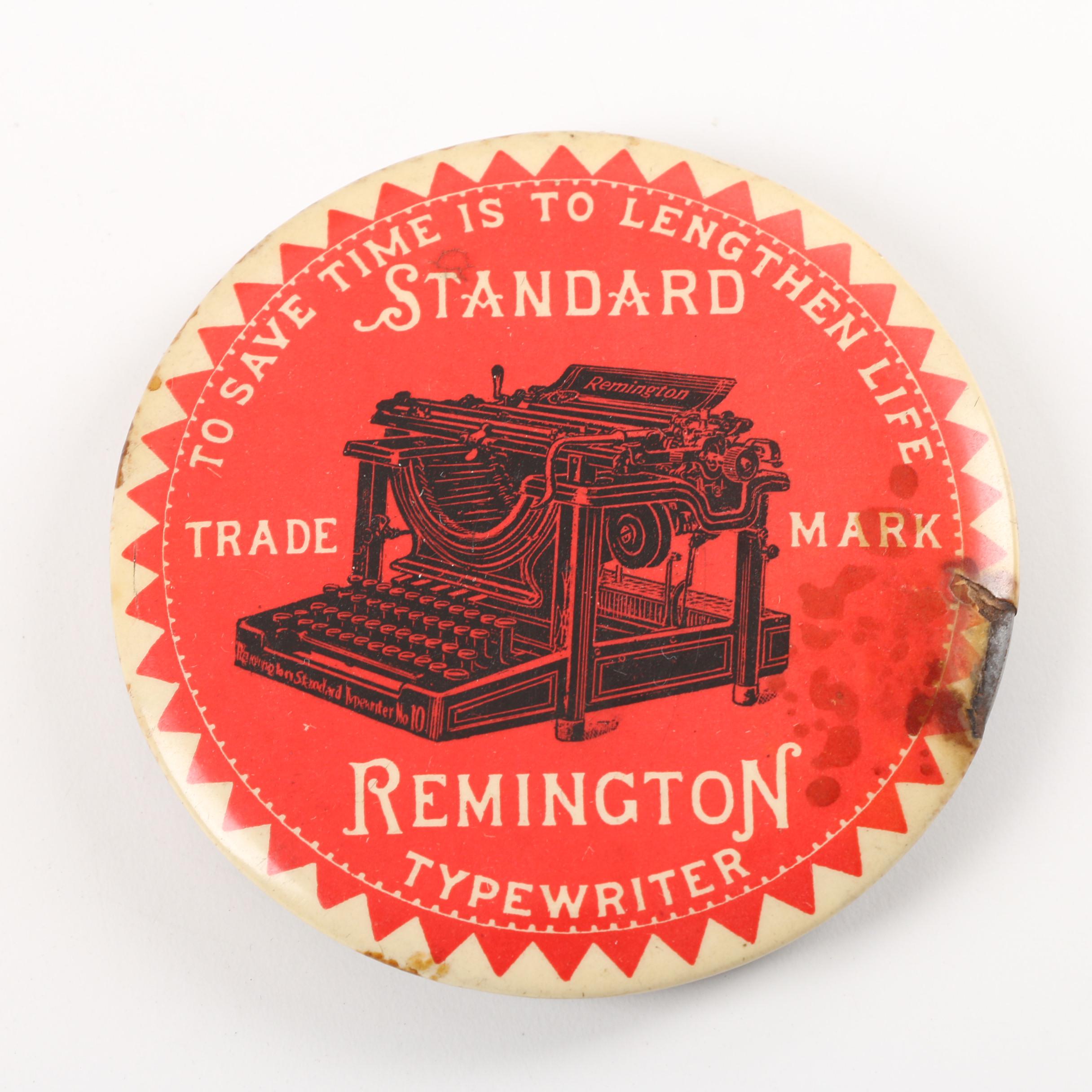Vintage Remington Standard Typewriter, Button and Framed Advertisement