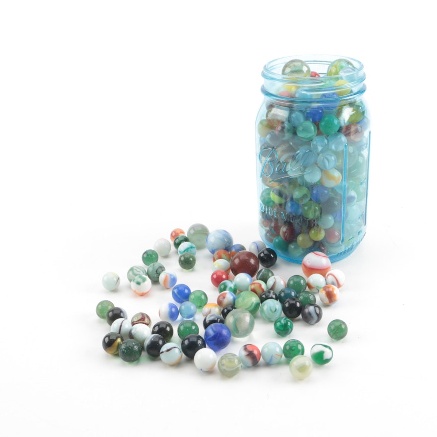 Glass Marbles with Blue Mason Jar