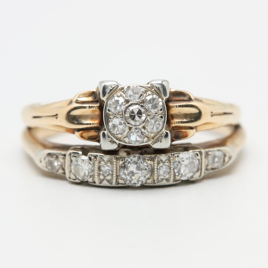 Vintage 14K Yellow and White Gold Diamond Wedding Ring Set