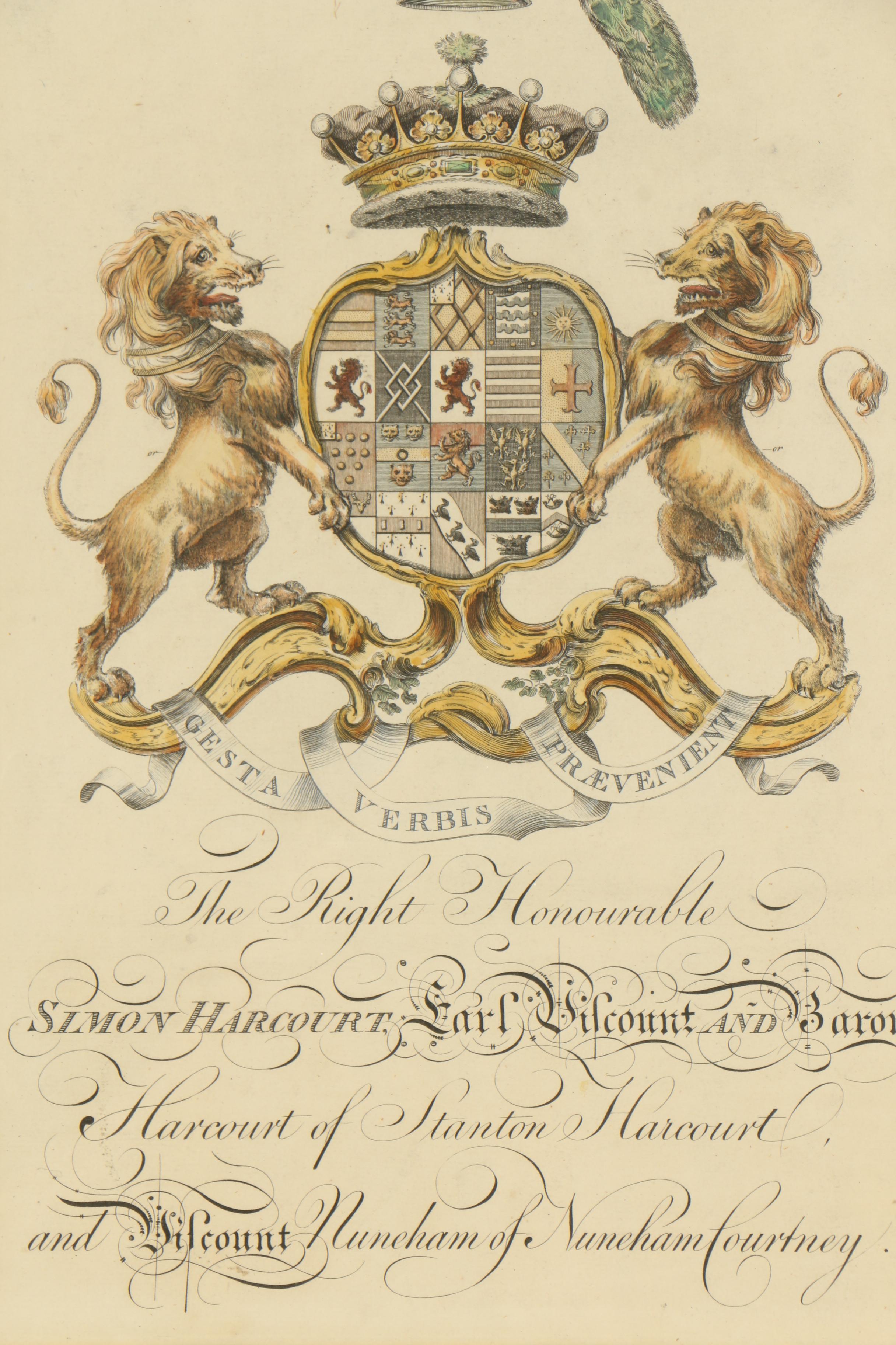 Harcourt Family Coat of Arms Hand Colored Engraving