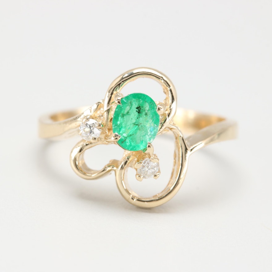 14K Yellow Gold Emerald and Diamond Ring