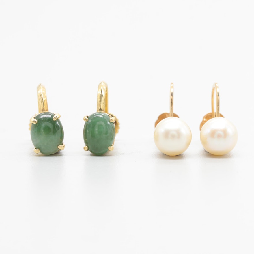 14K Yellow Gold Jadeite and Cultured Pearl Screw Back Earring Selection