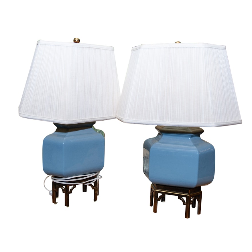 Contemporary Ceramic Table Lamps with Wood Stands