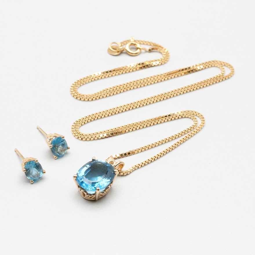 14K and 18K Yellow Gold Blue Topaz Demi Parure
