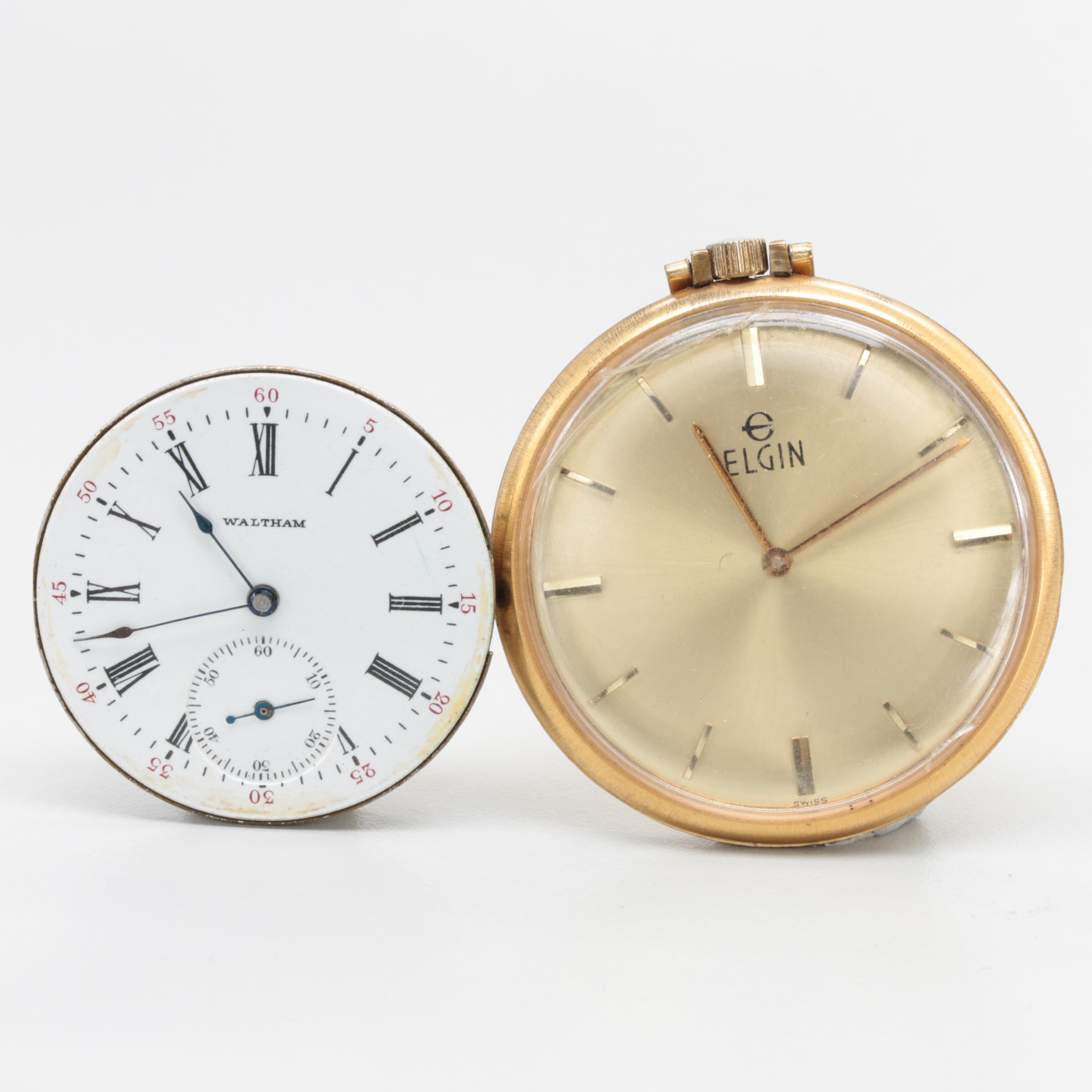 Gold Tone Elgin Pocket Watch with Circa 1899 Waltham Pocket Watch Movement