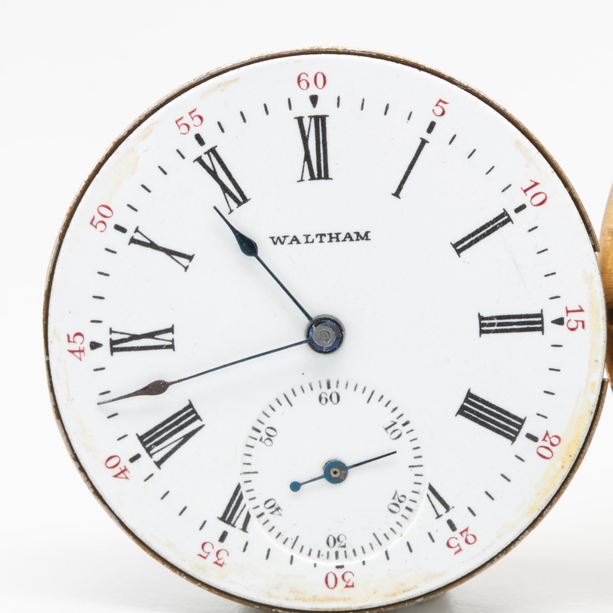 Gold Tone Elgin Pocket Watch with Circa 1899 Waltham Pocket Watch Movement