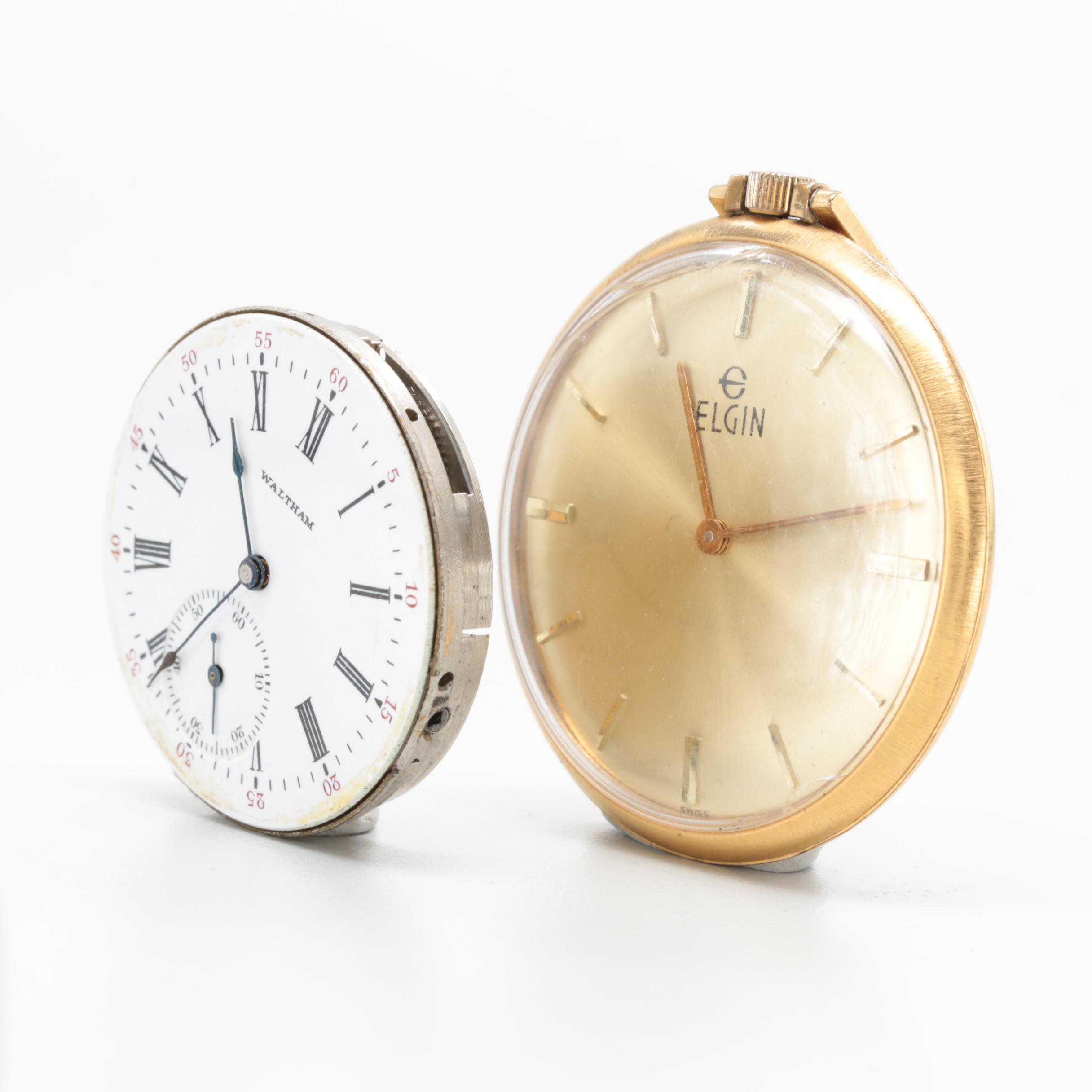 Gold Tone Elgin Pocket Watch with Circa 1899 Waltham Pocket Watch Movement