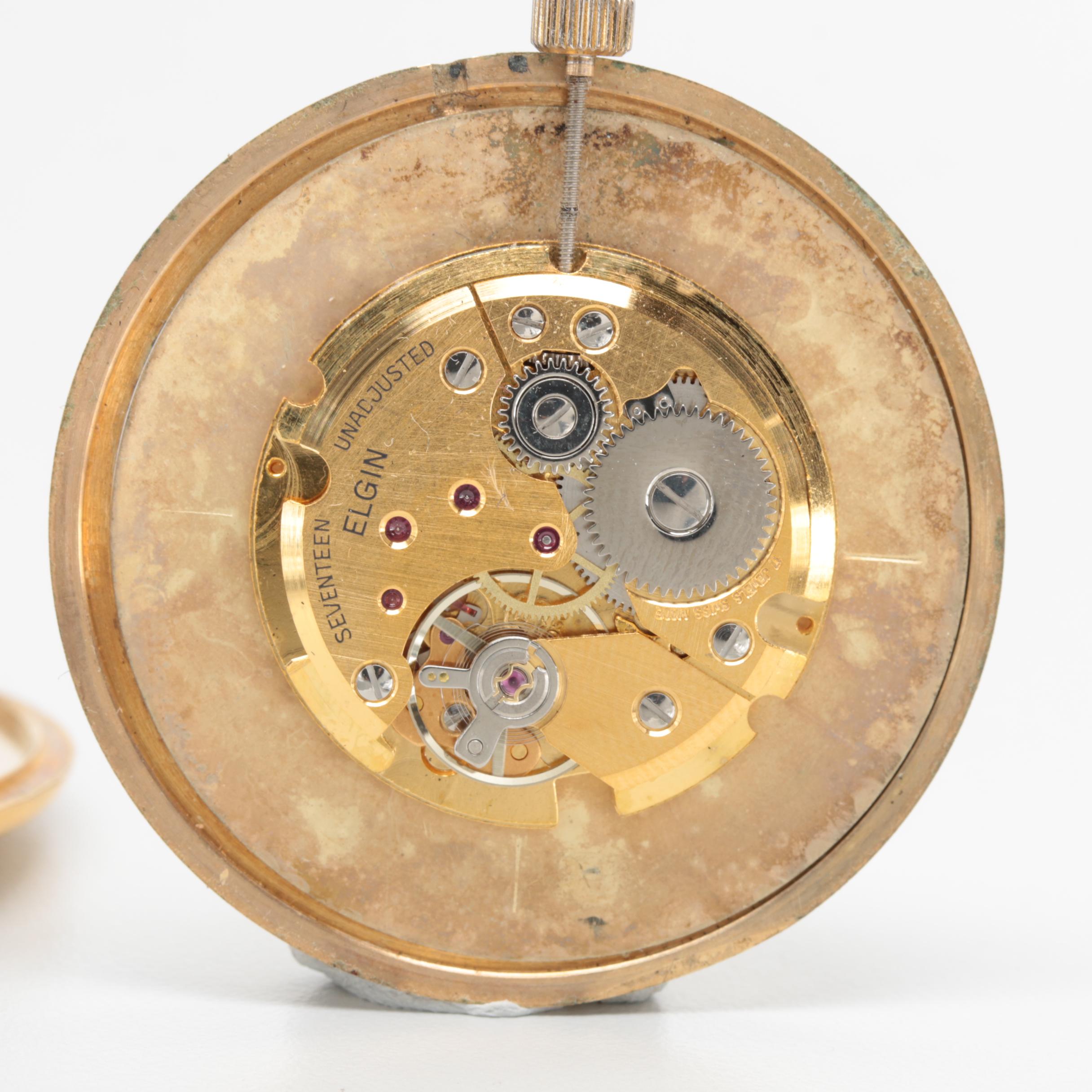 Gold Tone Elgin Pocket Watch with Circa 1899 Waltham Pocket Watch Movement