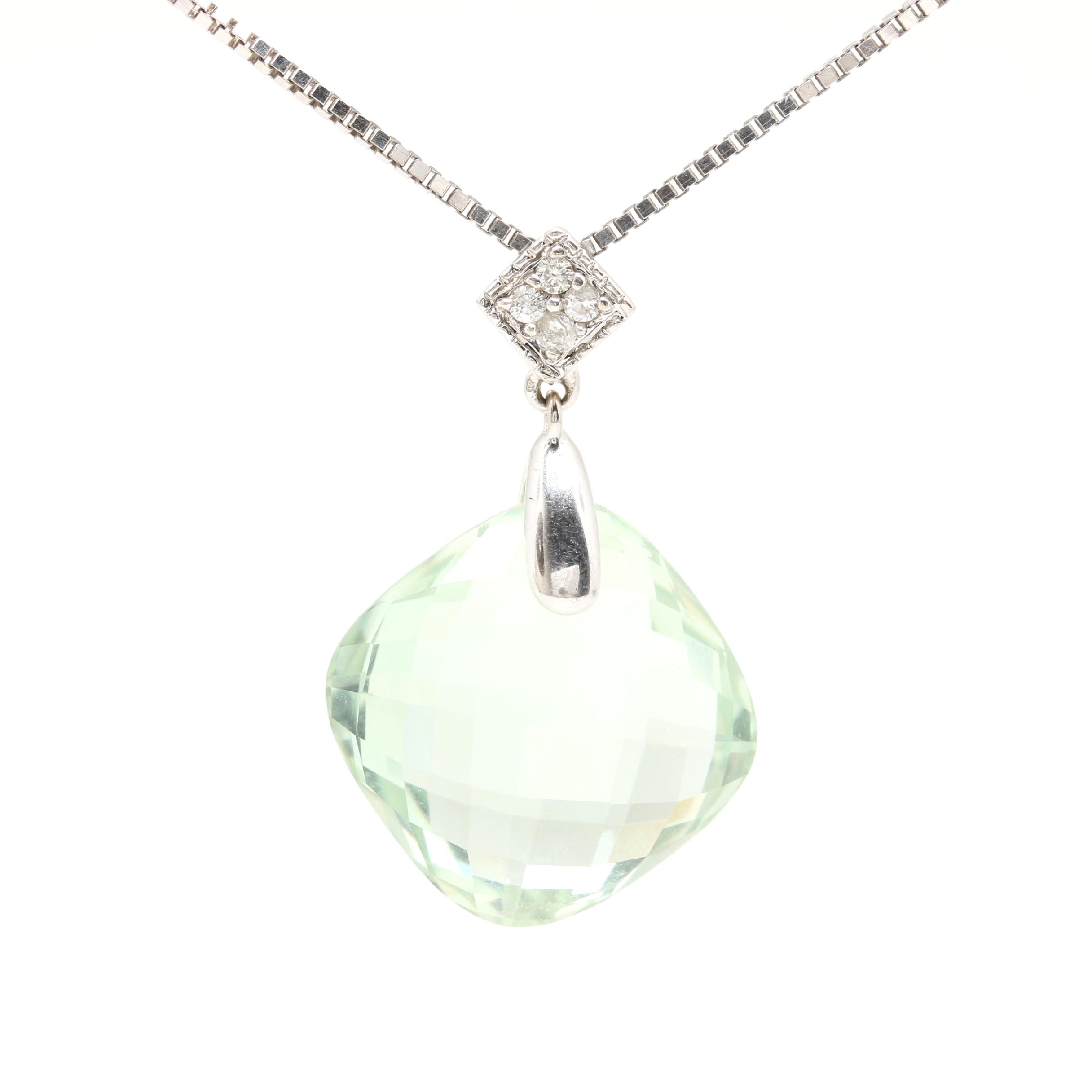 14K White Gold Praseolite and Diamond Pendant Necklace