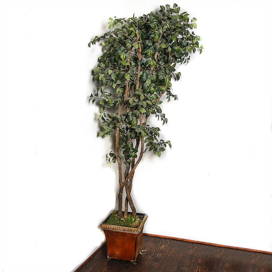 Artificial Ficus Tree with Embossed Metal Planter