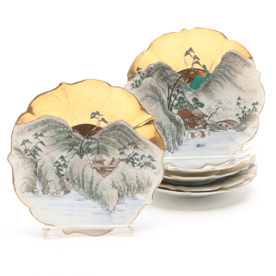 Vintage Japanese Hand-Painted Mountain Scene Porcelain Plates