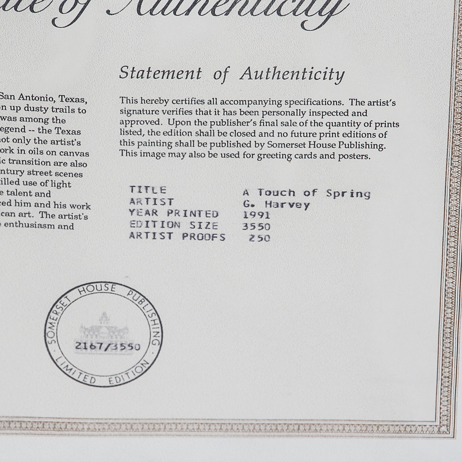 G. Harvey "A Touch of Spring" Offset Lithograph