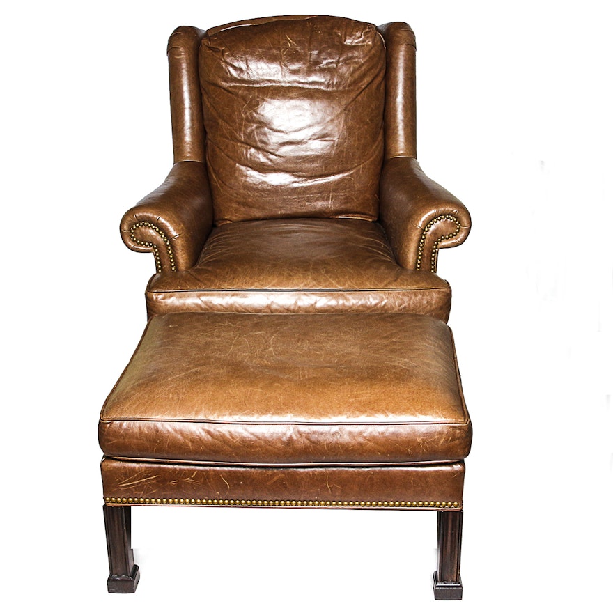Vintage Chippendale Style Brown Leather Armchair with Ottoman by Hickory Chair