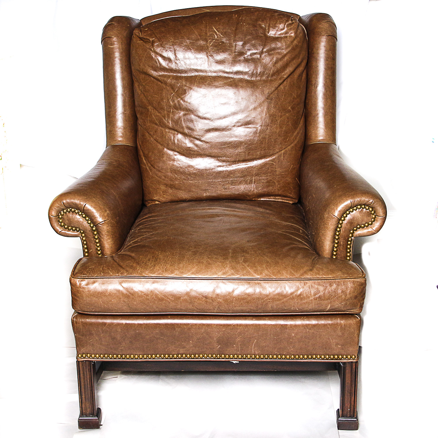 Vintage Chippendale Style Brown Leather Armchair with Ottoman by Hickory Chair