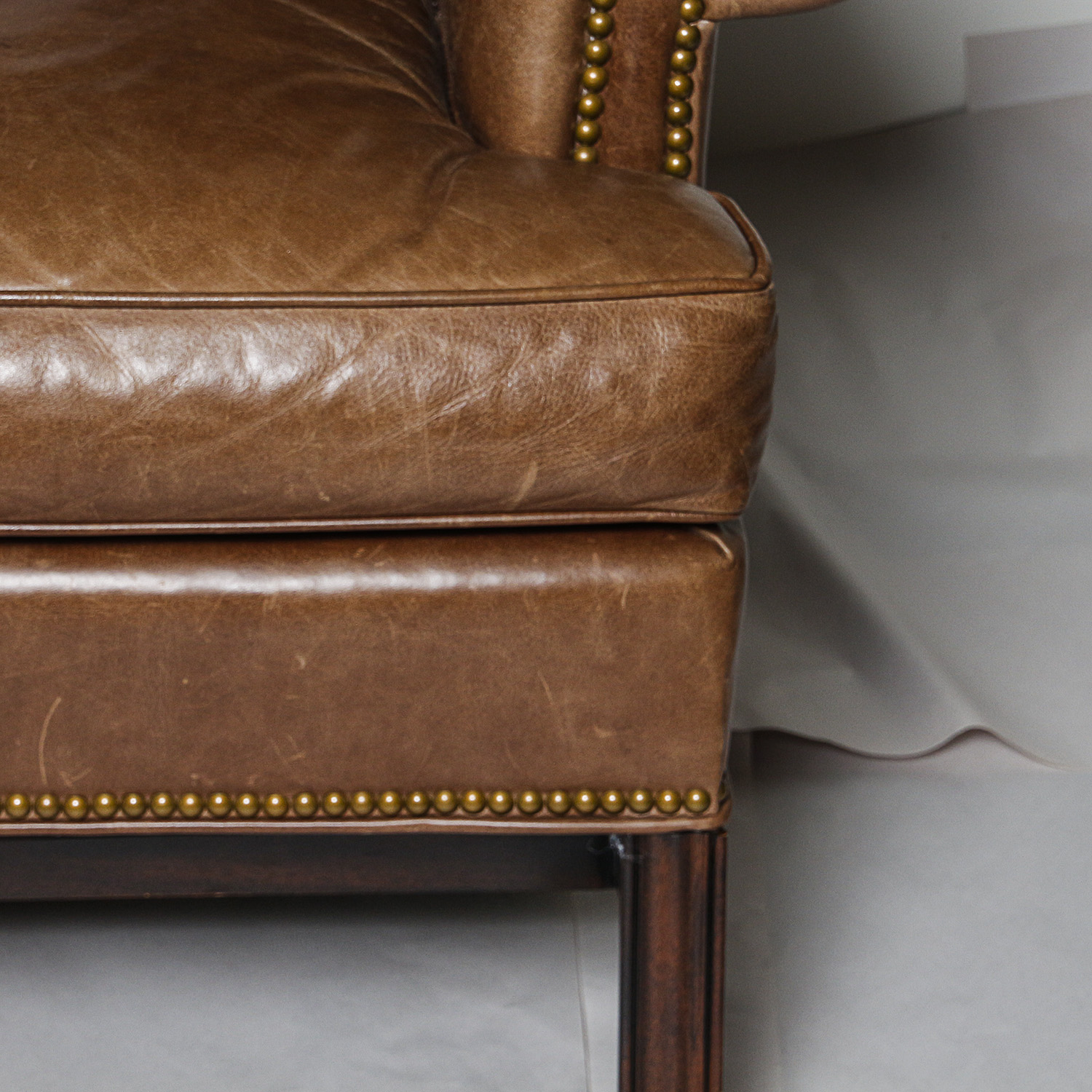 Vintage Chippendale Style Brown Leather Armchair with Ottoman by Hickory Chair