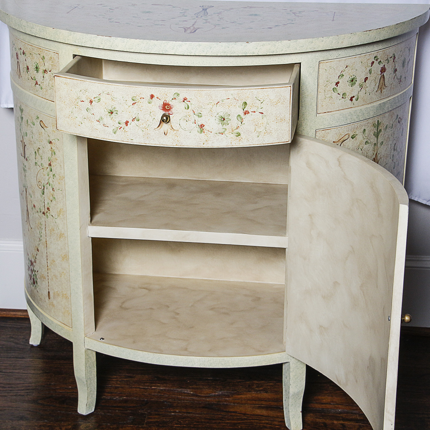 White Florentine Style Demilune Cabinet