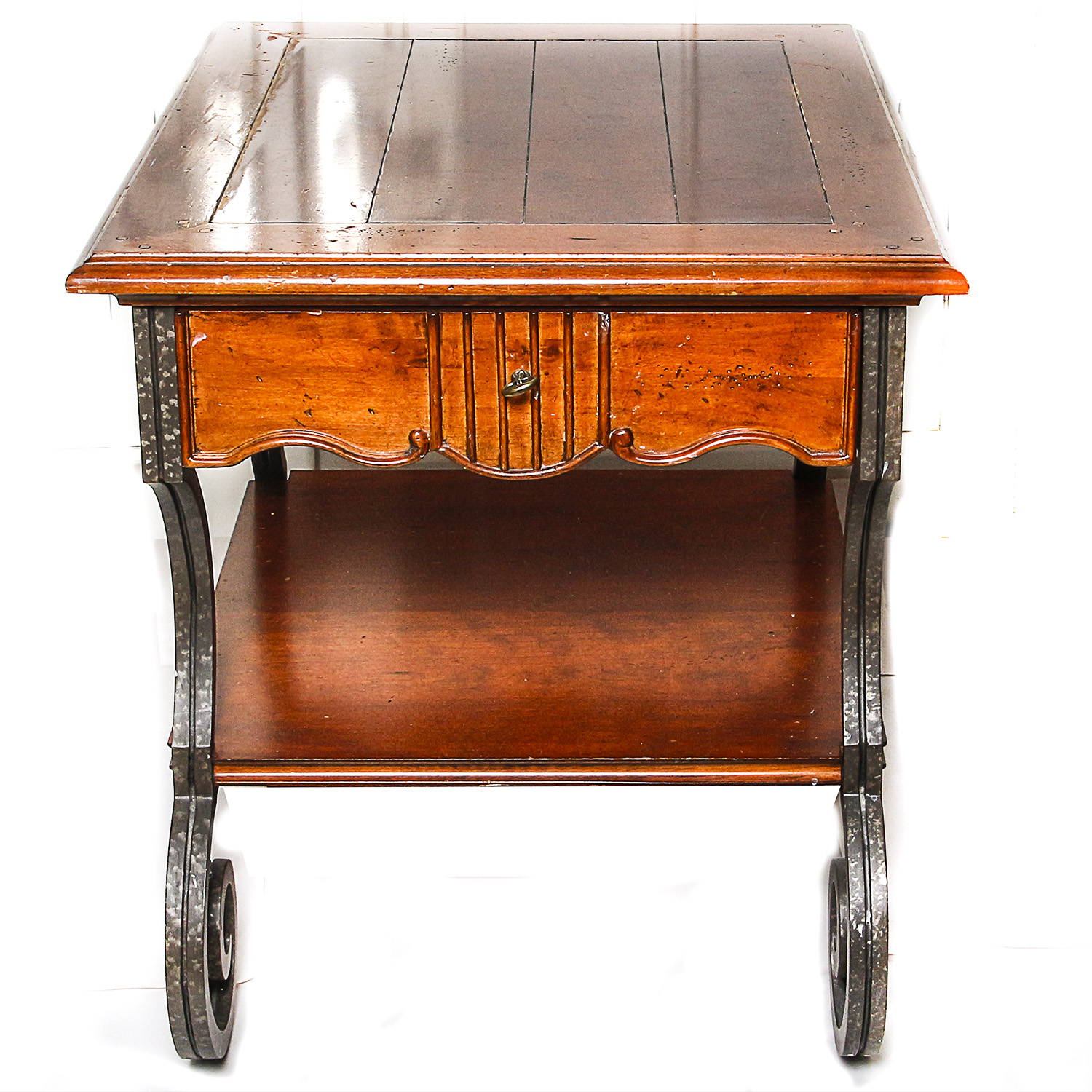 Single Drawer Wooden Side Table with Scrolling Metal Legs