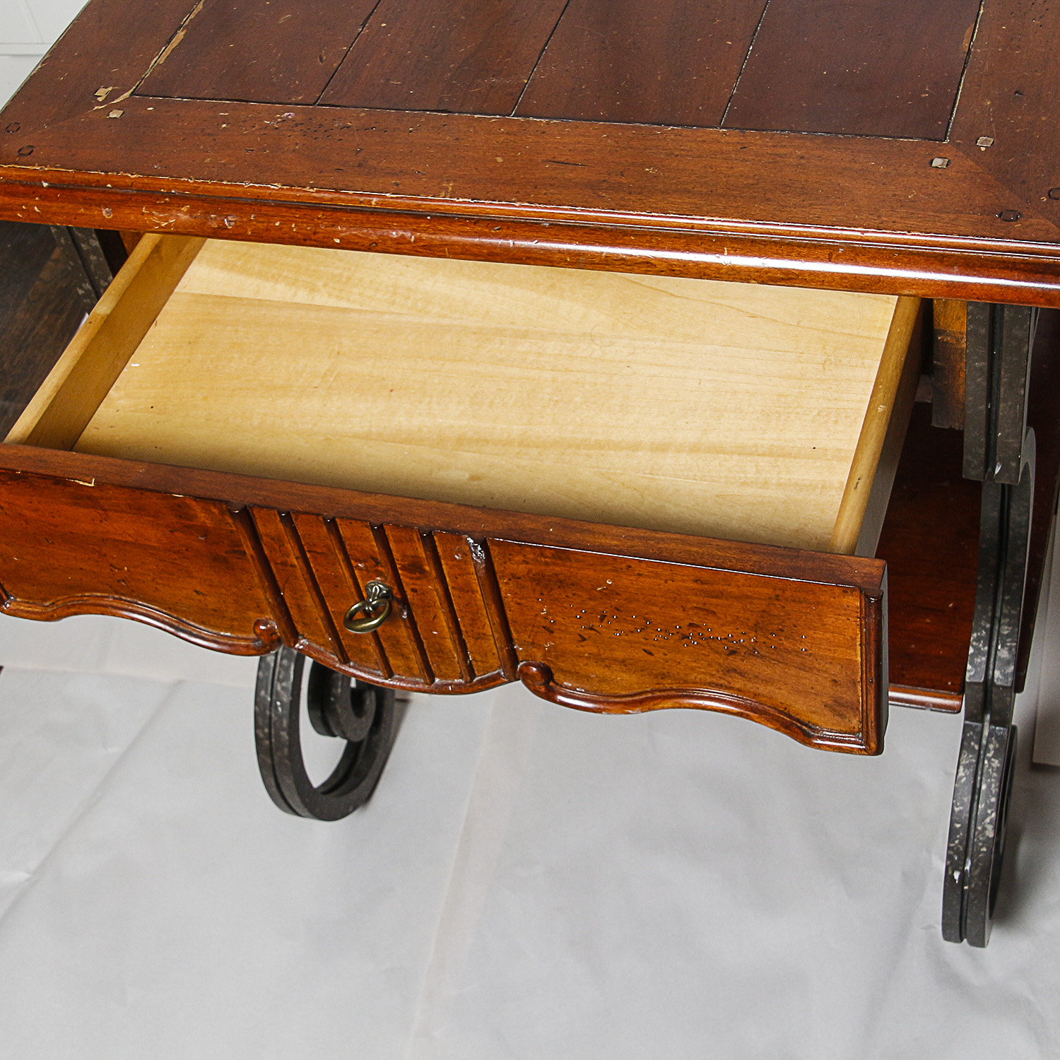 Single Drawer Wooden Side Table with Scrolling Metal Legs