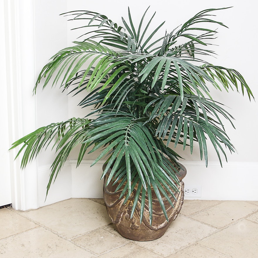 Artificial Palm Plant in Embossed Ceramic Urn