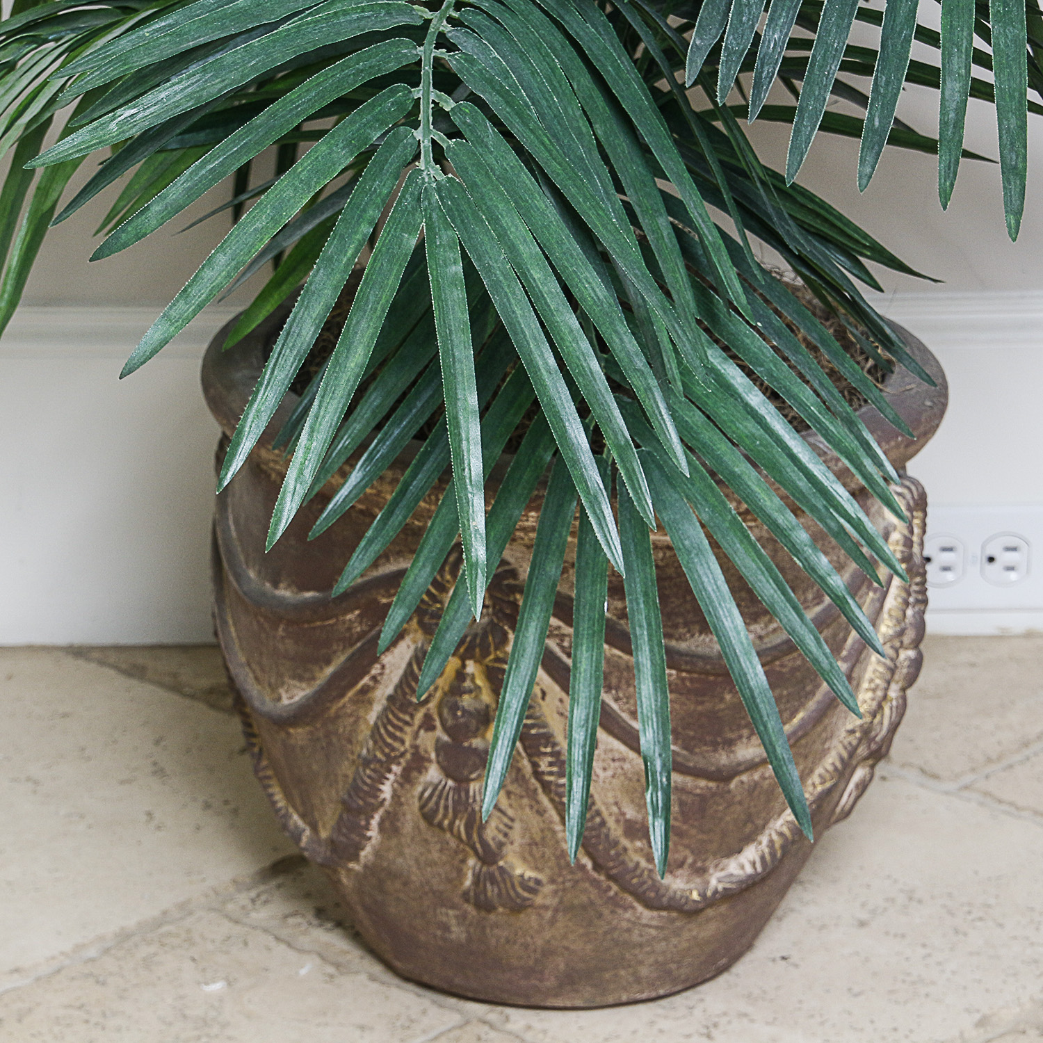 Artificial Palm Plant in Embossed Ceramic Urn