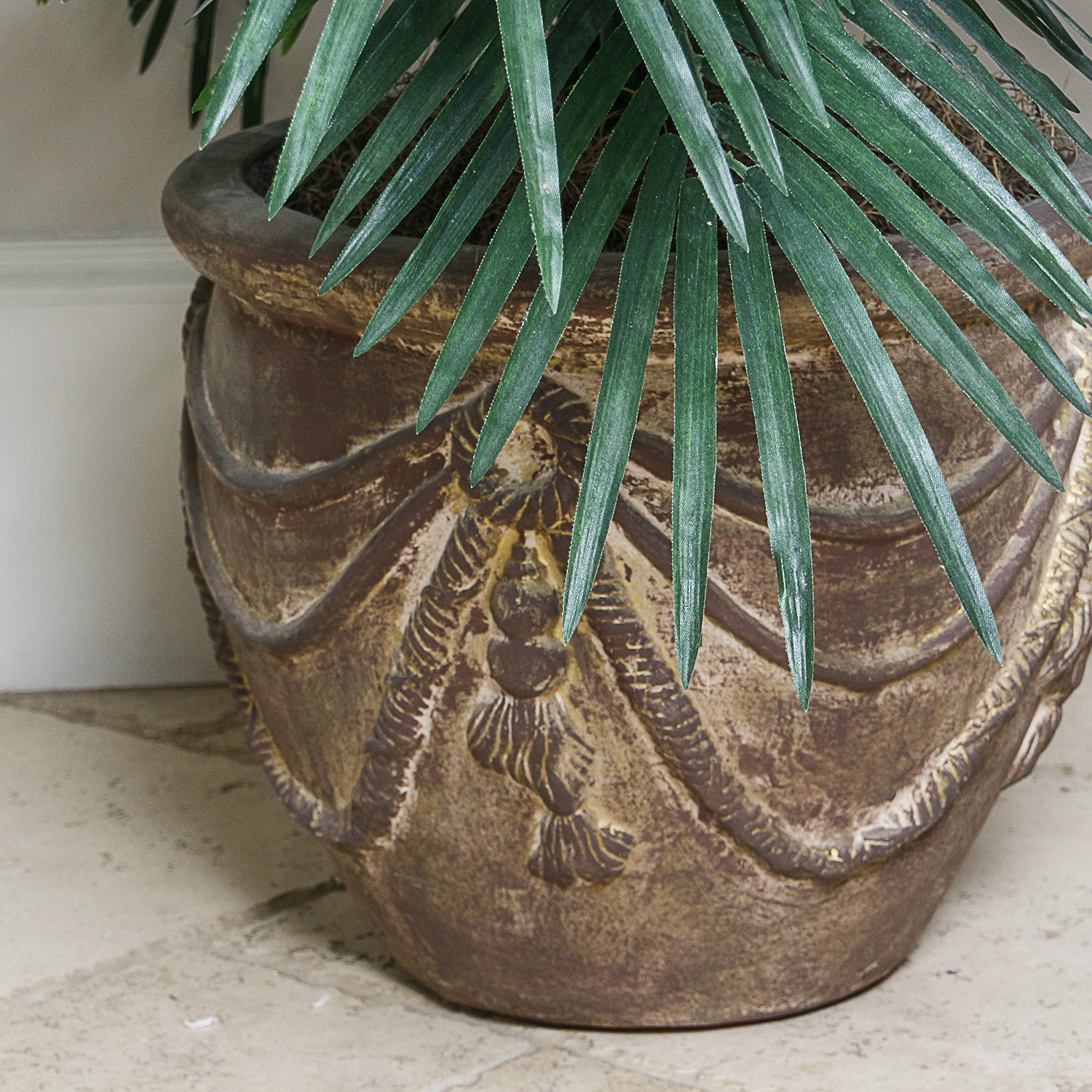 Artificial Palm Plant in Embossed Ceramic Urn