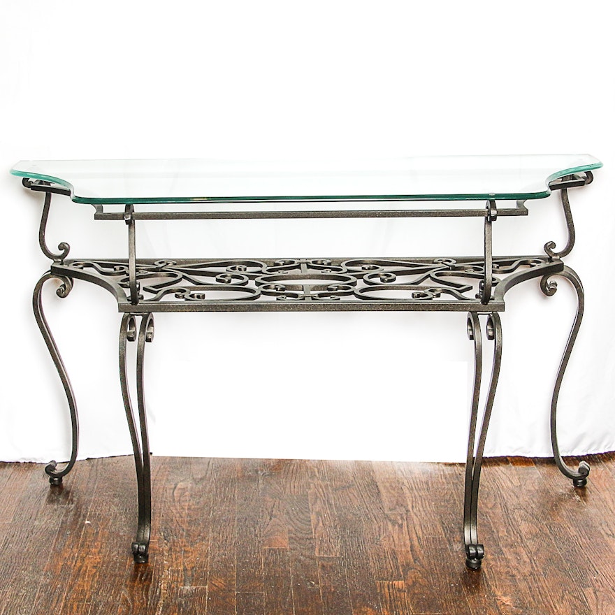 Neoclassical Style Glass Top Console Table with Metal Frame
