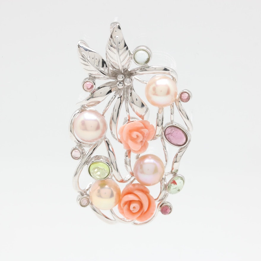 Sterling Silver Cultured Pearl, Carved Coral and Gemstone Pendant