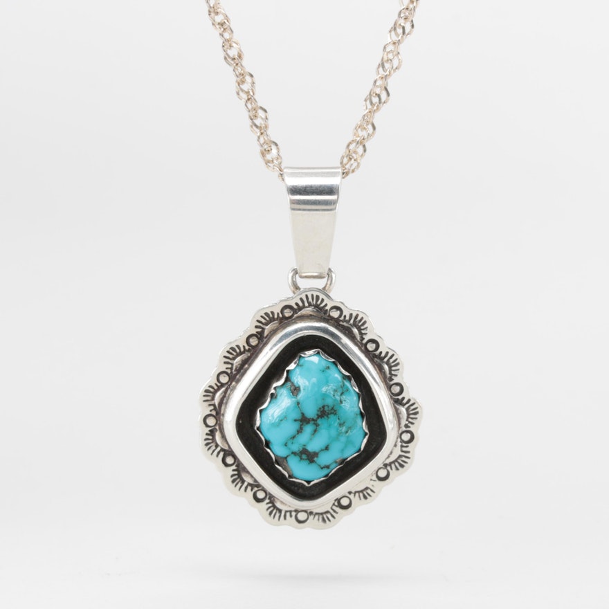 Gil Platero Navajo Diné Sterling Silver Turquoise Pendant Necklace