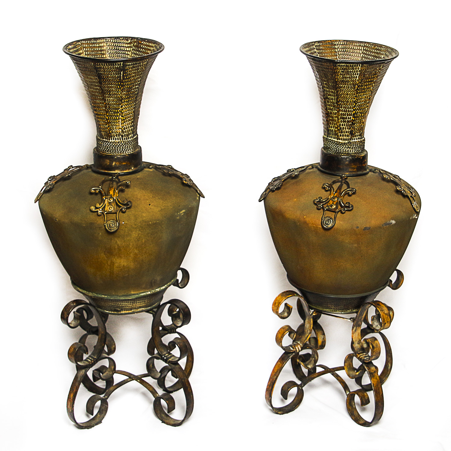 Large Metal Decorative Vases on Stands